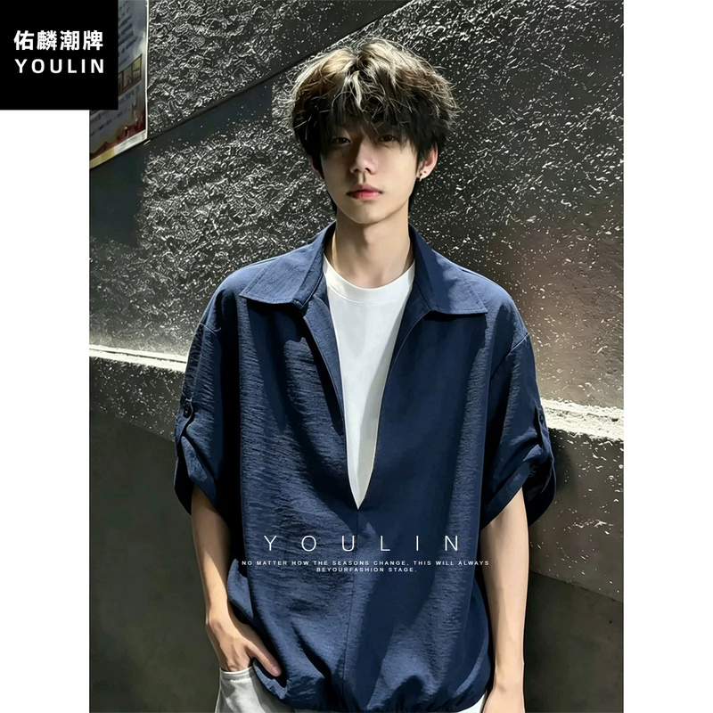 Navy Blue Fake Two-Piece Shirt Short-Sleeved Men's Summer Linen-Like V-Neck T-Shirt Shirt American Style Couple Half-Sleeved Jacket Navy Blue Fake Two-Piece Shirt Short-Sleeved Men's Summer Linen-Like V-Neck T-Shirt Shirt American Style Couple Half-Sleeved Jacket