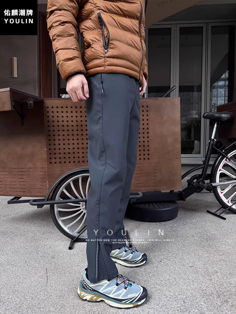 Side Zipper American-Style Softshell Pants for Men and Women, Autumn and Winter Fleece-Lined Stretch Work Pants, Outdoor Sports Hiking Pants