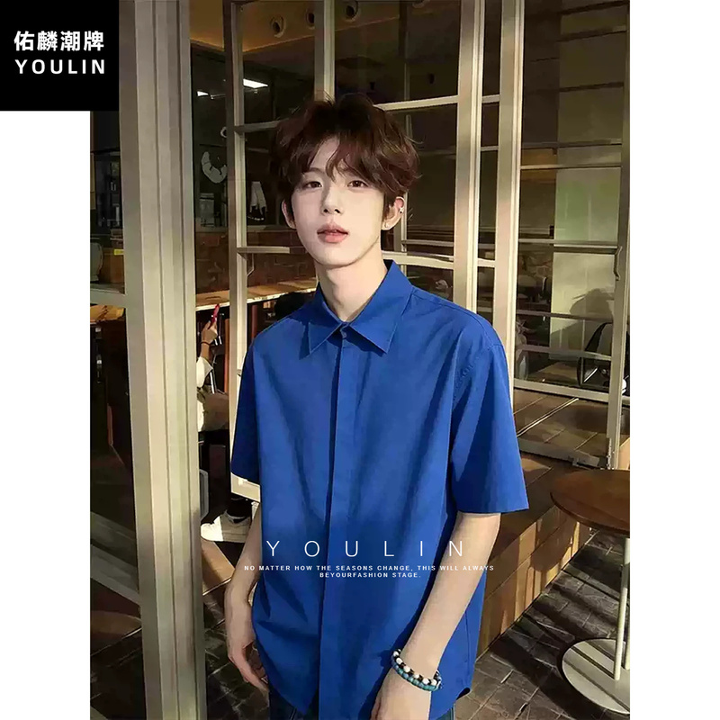 Klein Blue Naples Short-Sleeve Shirt for Men, Summer Stylish and Mature Look, High-End Style Outfit, Jacket