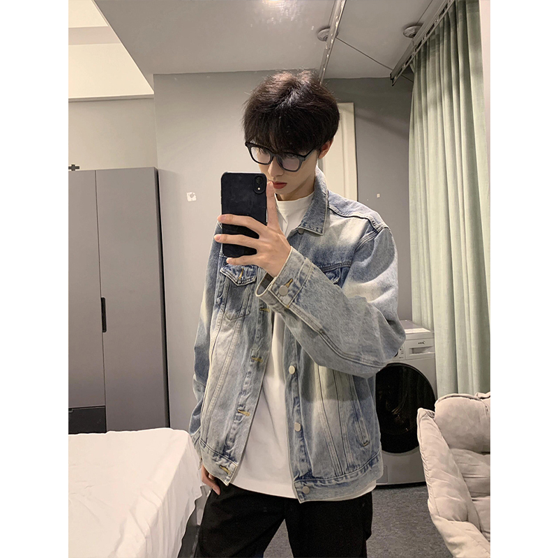 Light Blue American Retro Denim Jacket for Men, Spring and Autumn Trendy Brand, High-End, Cool and Stylish Workwear Jacket, Denim Clothing