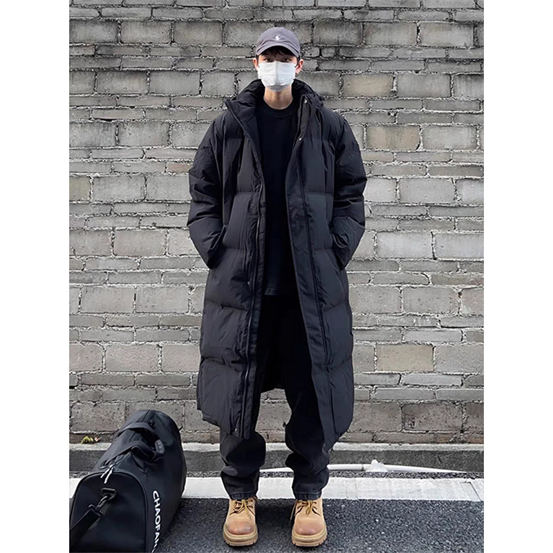 Black American-Style Hooded Mid-Length down Cotton Jacket for Men, Thickened for Winter, Over-The-Knee, Cold-Resistant, Stylish Coat for Northeast