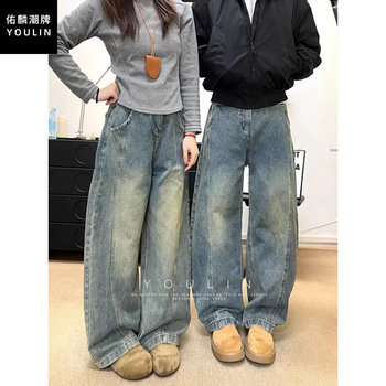 Vintage Blue American-Style Curved Hem Jeans for Men, Winter Thickened Fleece, Slightly Flared Pants, Diagonal Cut Straight-Leg Loose Cargo Pants