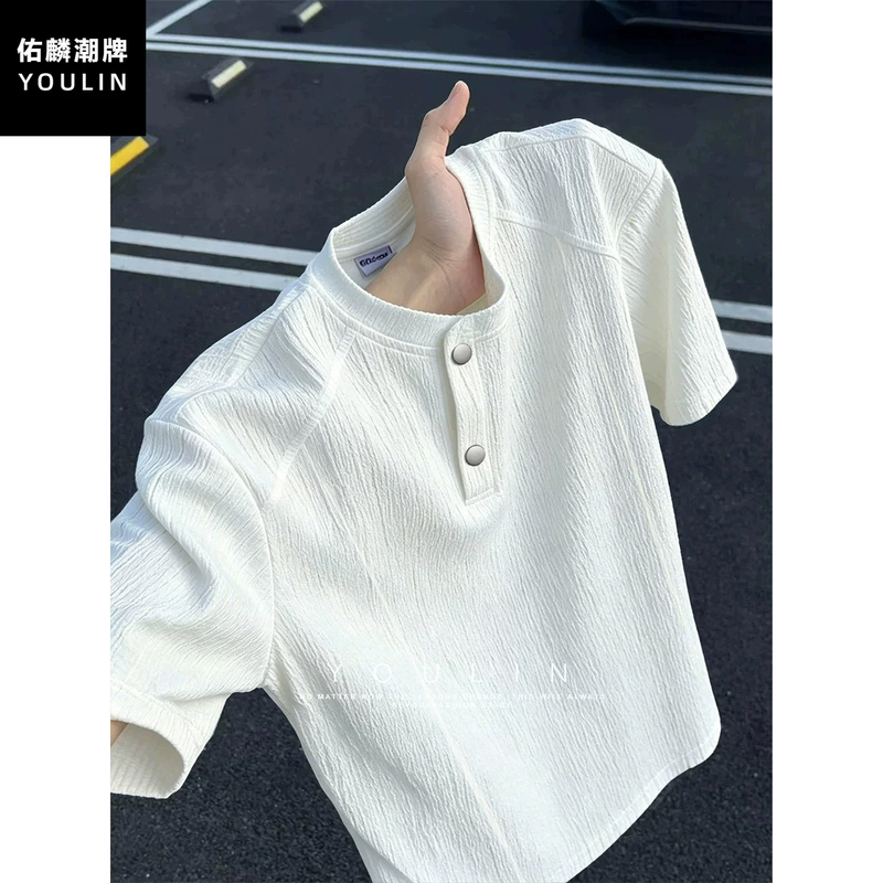 White Ice Silk Textured Henry Collar Regular Shoulder Short-Sleeve Men's High-End Deconstructed T-Shirt Trendy American-Style Polo Shirt White Ice Silk Textured Henry Collar Regular Shoulder Short-Sleeve Men's High-End Deconstructed T-Shirt Trendy American-Style Polo Shirt