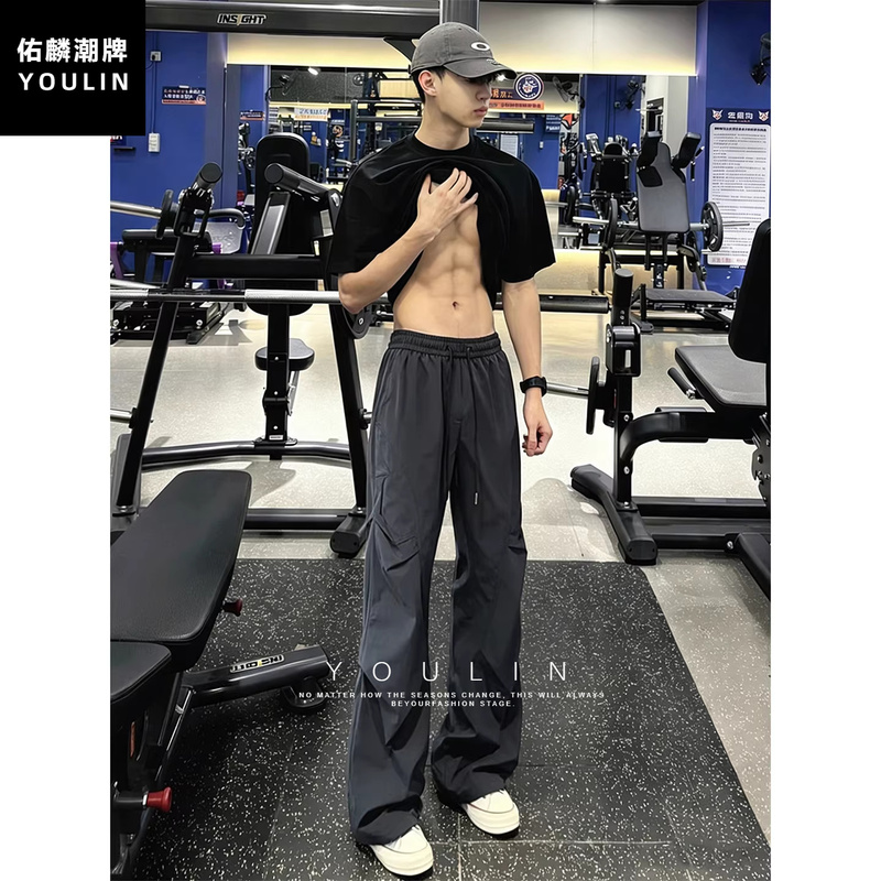 Dark Gray Quick-Dry Fitness Pants for Men, Summer Thin Ice Silk Breathable Cargo Pants, American-Style Casual Sports Pants