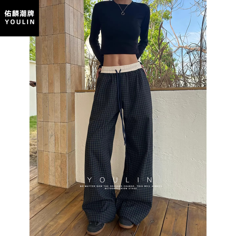 Hope88 Navy Blue Plaid Pants for Men and Women, Summer Thin Plaid Pants, American Retro Casual Loose Straight Pants