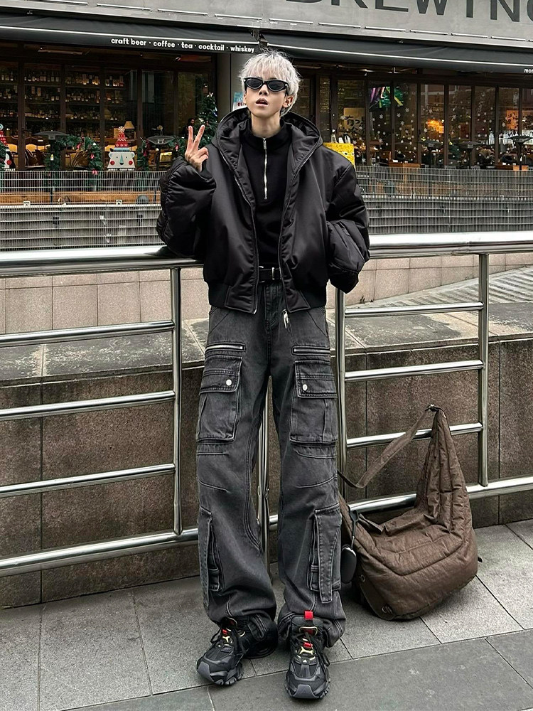 Men's Multi-Pocket Cargo Jeans, American High Street Style, Clean Fit Design, Straight-Leg Flared Pants