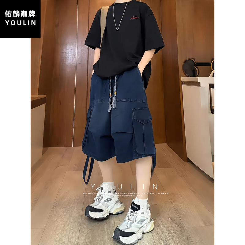 Dark Blue Workwear Denim Cropped Pants for Men and Women, Summer Style with Ribbon and Pleated Design, Multi-Pocket Workwear Pants