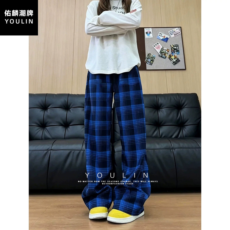 Sweetheart221 Blue Plaid Pants for Women, Summer Drapey American Retro Style with Patchwork Waistband