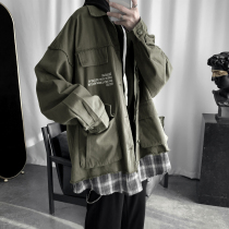 Military green American functional wind jacket design sensory crowds fake two overalls oversize tops