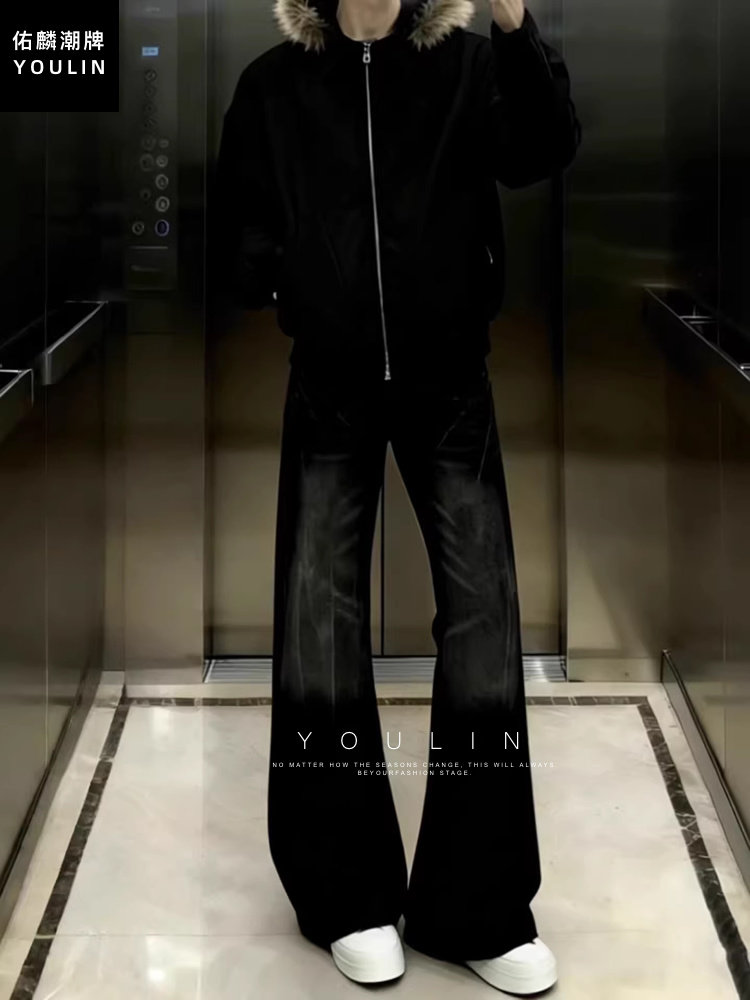 Cleanfit Washed Black Flared Jeans for Men, American Retro Vibe Scimitar Pants, Slimming Wide-Leg Pants