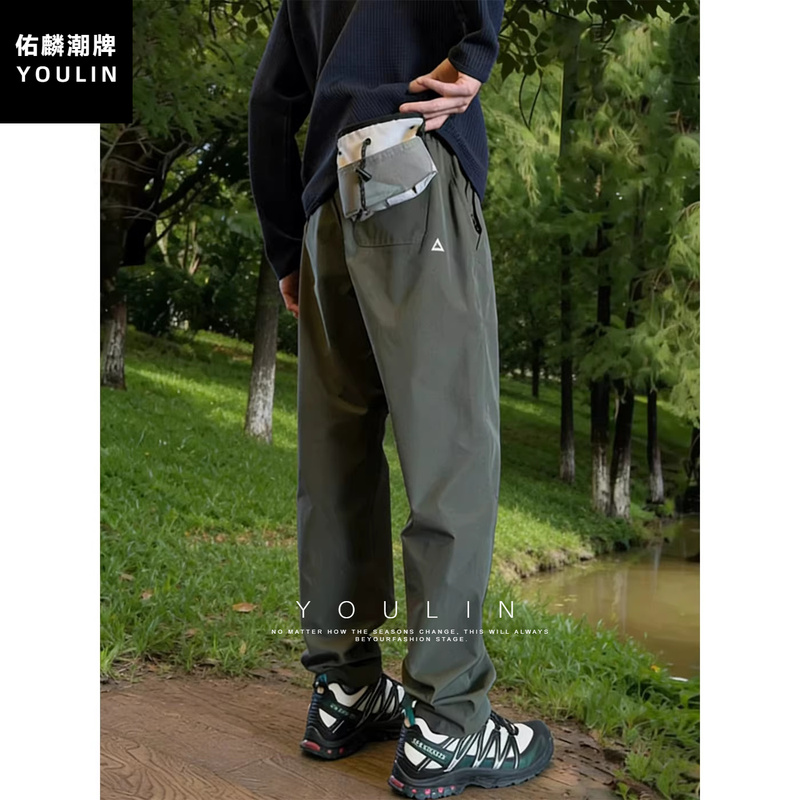 Military Green Outdoor Softshell Pants for Men, Summer Thin Quick-Drying Tapered Pants for Hiking, Mountaineering, Sports and Casual Wear