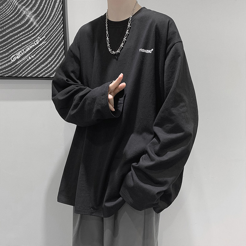 Pure colour long sleeve T-shirt male tide card 100 lap casual inner lap clothes relaxed bf trends Inn windsweaters with a lap of autumn clothing