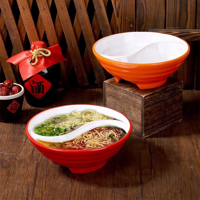 A5 Melamine Tai Chi Double-Compartment Bowl for Noodle Soup, Snail Rice Noodle, Plastic Anti-Drop Commercial Use, Round Dual-Purpose Large Bowl for Wonton