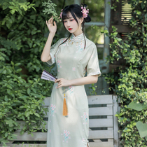 Sub-baron autumn color (pear flower poetry) Traditional full open flap printed qipao Republic wind with shoulder 40% sleeves long qipao