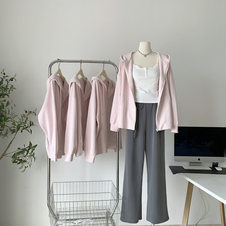 Outfit: Cardigan Top for Women, Autumn, Heavy Weight, Long-Sleeved, Pink, Hooded, Zip-Up Sweatshirt Jacket