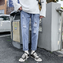 Jeans Mens Boom Summer Thin teen Summer 8-9 long pants Broken Cave Beggar Pants 8-9 Bull Pants