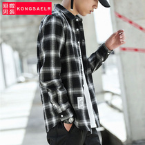 Long-sleeved shirt Mens black and white plaid shirt Casual summer thin jacket Mens shirt Student Hong Kong wind inch shirt jacket
