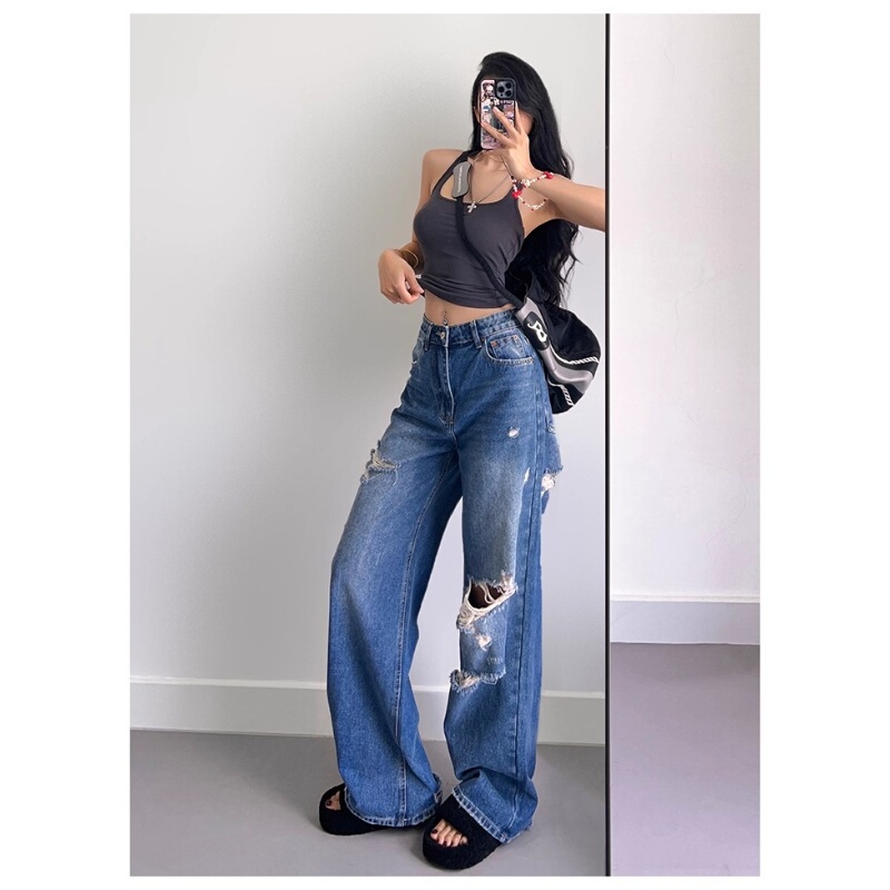 Rebellious Diary European and American Retro New Ripped Jeans for Women, High-Waisted Straight Wide-Leg Loose Casual Floor-Length Pants