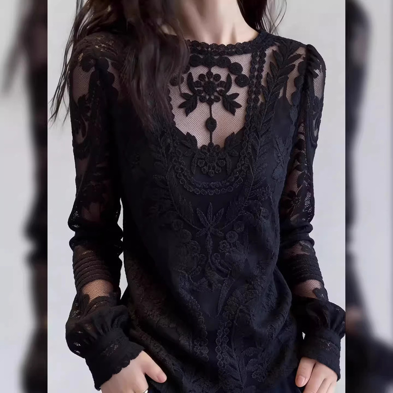 Extra Large Size 150kg European Style Mature Lace Long-Sleeve Top Women's Spring Loose Chic Base T-Shirt for Plus Size Women