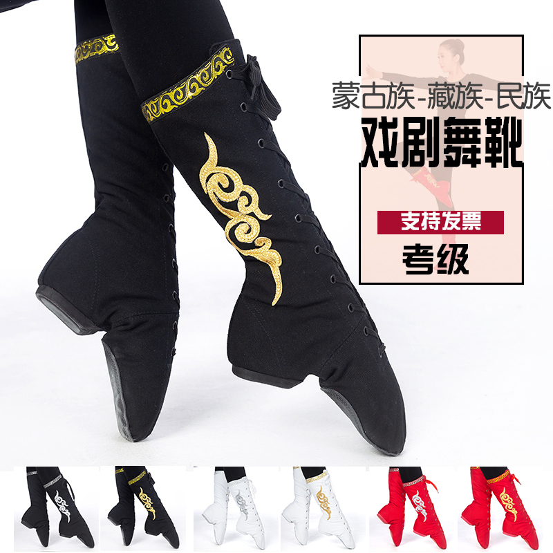 Dance Boots Woman Long Cylinder Mongolian Side Flower Leather Boots Dancing Practice Shoe Men's Tibetan Stage Performance High Cylinder Jazz Shoes