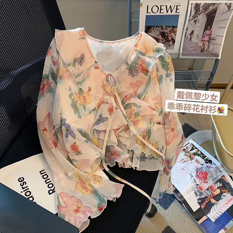 150kg Plus-Size French-Style Floral Ruffle Design Lace-Up Shirt for Women, Sun-Protective Long-Sleeve Shirt That Covers the Body2