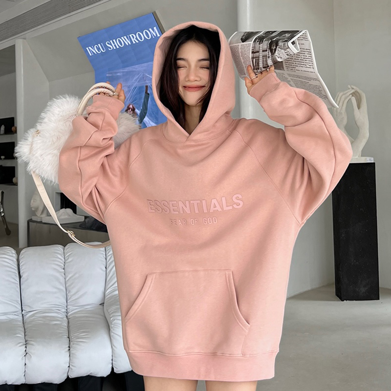 Autumn and Winter Sweet Dirty Pink Letter Print Trendy Brand Couple Outfit Missing Bottoms Hooded Oversize Sweatshirt for Women ins