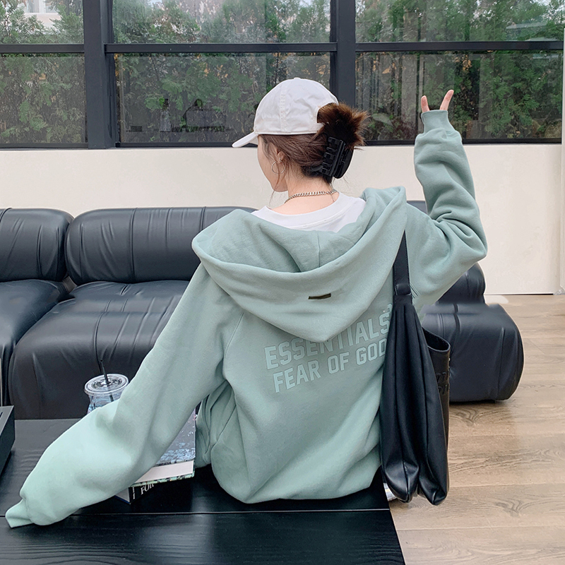 Fog Multi-Line Essentials Zipper Jacket Niche Casual Loose Couple Trendy Brand Fleece-Lined Hooded Sweatshirt for Women