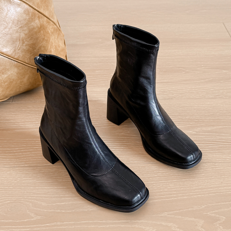 British Style Chunky Heel Square Toe Elastic Boots, New Autumn Versatile Thin Slim Boots, High Heel Small Size Chelsea Ankle Boots