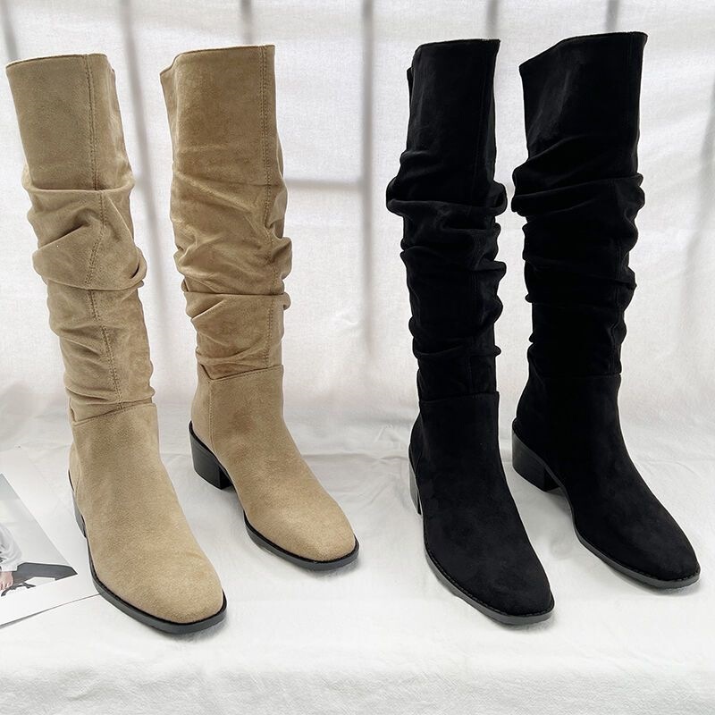 European and American Style Pleated Ruched Boots for Women, 2026 Autumn Collection, Square Toe, High Suede Boots with Chunky Heels, Below the Knee, Mid-Heel Slip-On Long Boots