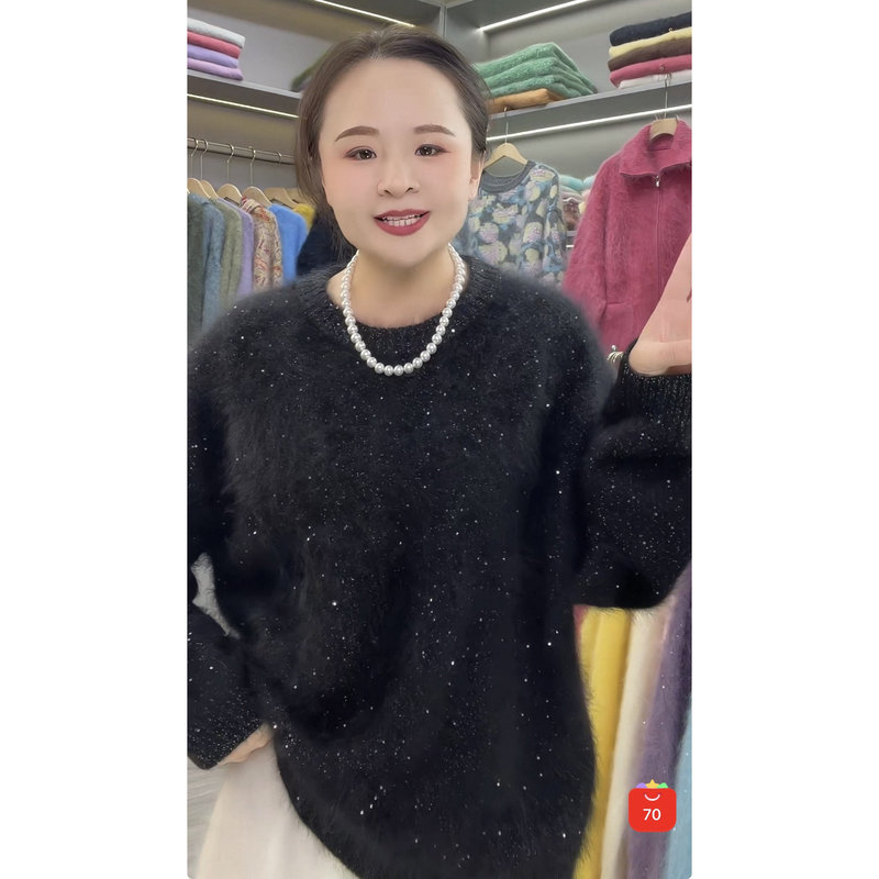 Cashmere Mulberry Silk Brushed Knit Sweater with Gold Sequins for Women, Round Neck, Warm Pullover Sweater