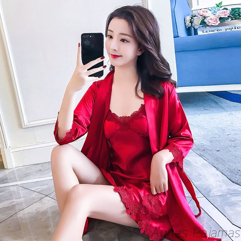 Nightdress women's 2022 new summer ice silk suspenders sexy two-piece silk high-grade breast pad women's pajamas