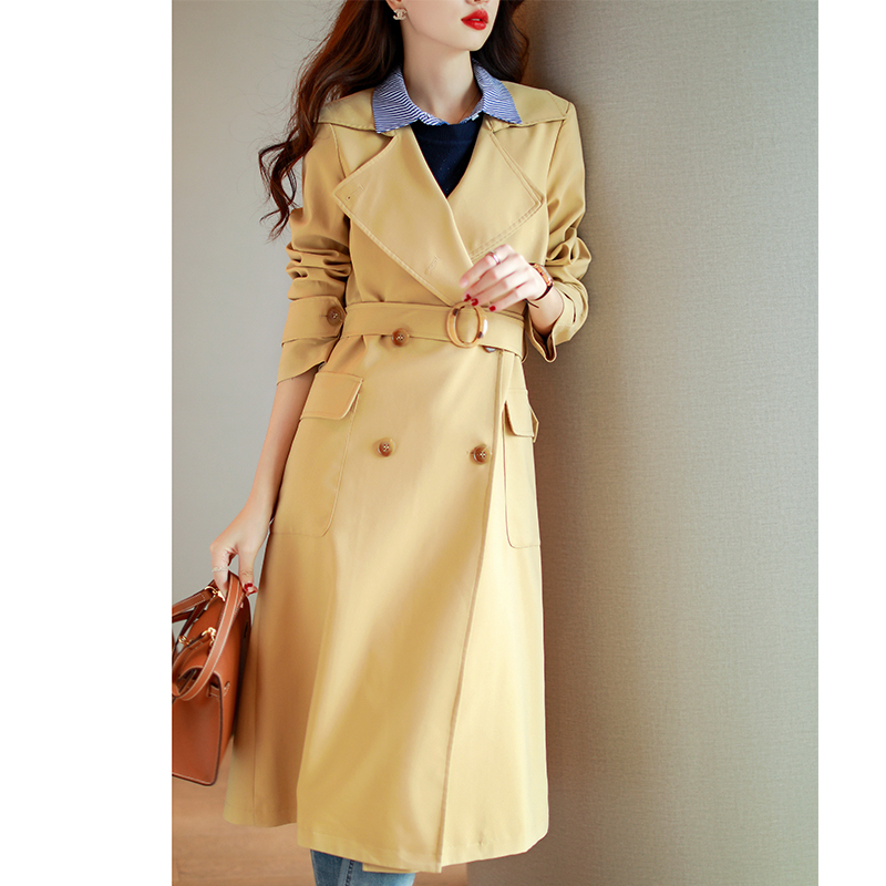 Suit collar style women's medium long version 2021 Fall new pure color long sleeve lacing to collect waist and roll over the coat