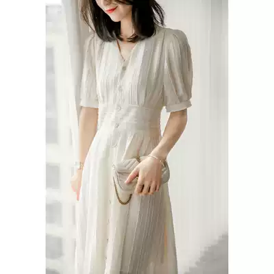 French dress women Summer waist thin long version V collar burn temperament light mature wind lady short sleeve chiffon skirt