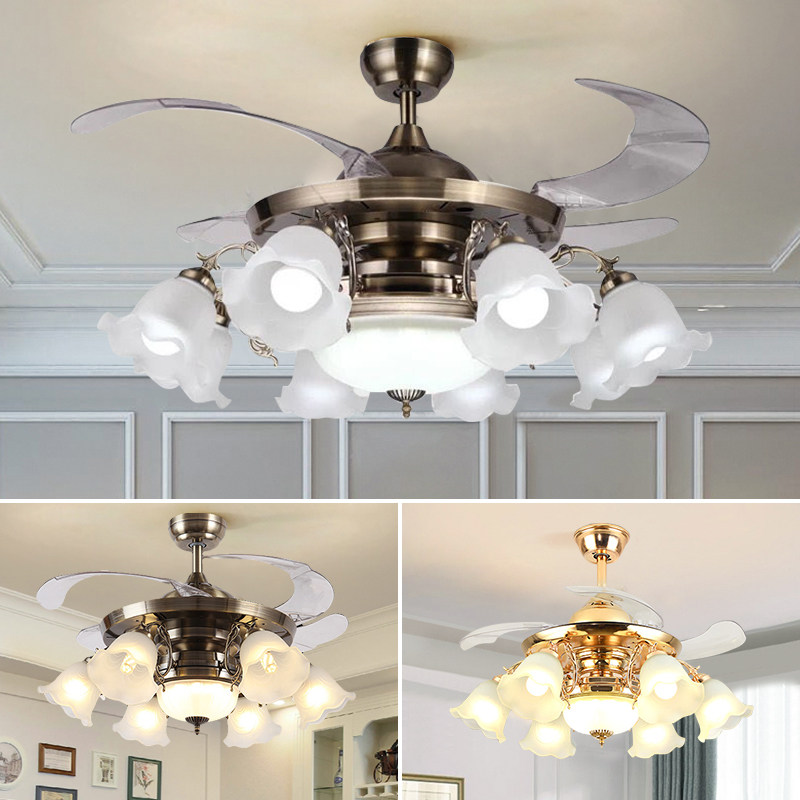 Modern Simple Living Room Invisible Ceiling Fan Light European Restaurant Mute Fan Light American Bedroom LED Fan Chandelier