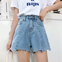 Mùa hè của phụ nữ sang trọng không thường xuyên burrs lỏng màu xanh hoang dã cao eo thon chân rộng quần short denim quần nóng - Quần jean short bò nữ đẹp