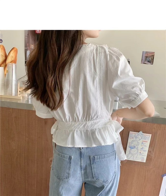 Xiaoxiangfeng áo sơ mi ren tay áo voan tay áo ngắn mùa hè sưng húp Pháp thiết kế ý nghĩa nữ hốc rỗng hàng đầu - Áo sơ mi chiffon ren