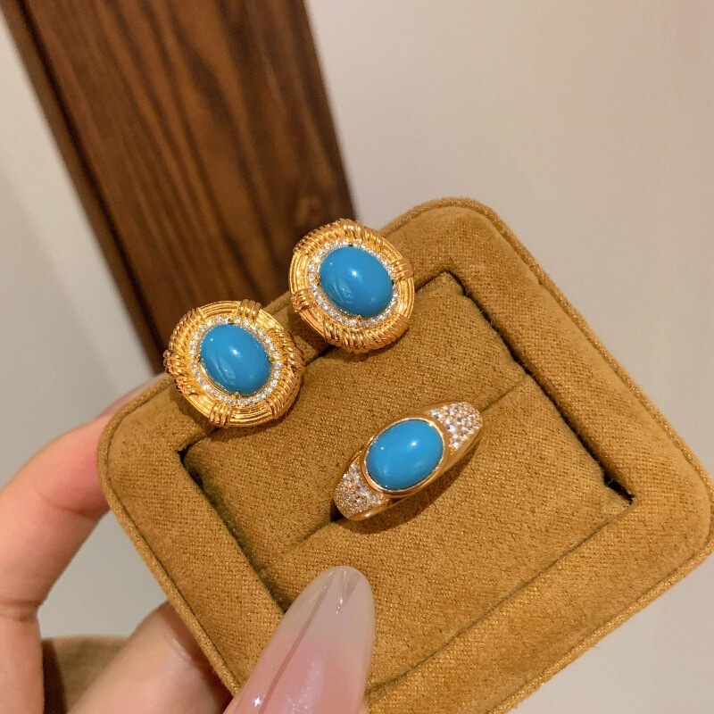 French Retro Full Diamond Turquoise Ring and Earrings Set for Women, Light Luxury, Elegant, High-End, New Trendy, Unique and Versatile Set French Retro Full Diamond Turquoise Ring and Earrings Set for Women, Light Luxury, Elegant, High-End, New Trendy, Unique and Versatile Set