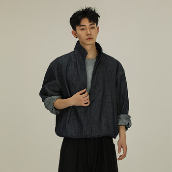 A Carton American-Style Original Denim Faux Two-Piece V-Neck Jacket, Loose Fit, Unisex Pullover Design, Stand Collar, Thin Coat, Trendy