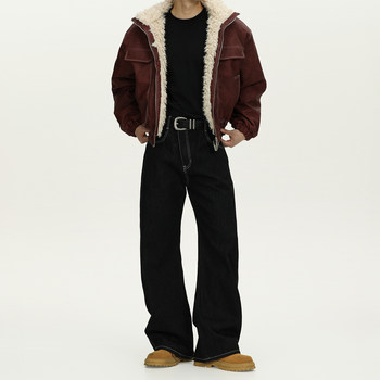 A Carton American Retro Cleanfit Original Color Jeans for Men with Diagonal Zipper, Straight-Leg, Loose-Fitting Long Pants for Commuting