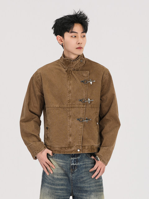 A Carton Vintage-Style Airplane Buckle Stand-Up Collar Jacket for Men and Women, American Retro Vintage Short Wide Workwear Jacket, Trendy