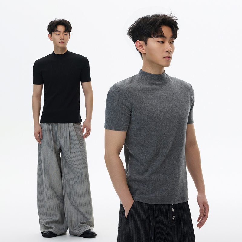 Acarton Solid Color Small Neckline Textured Short-Sleeve T-Shirt for Men and Women, High-Waisted, Stretchy, Slim-Fit, Boxy T-Shirt Acarton Solid Color Small Neckline Textured Short-Sleeve T-Shirt for Men and Women, High-Waisted, Stretchy, Slim-Fit, Boxy T-Shirt