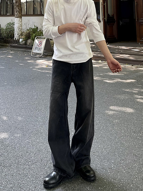 A Carton American-Style Washed Black and Gray Distressed Slim-Fit Versatile Straight-Leg Loose Wide-Leg Jeans Casual Long Pants Trendy