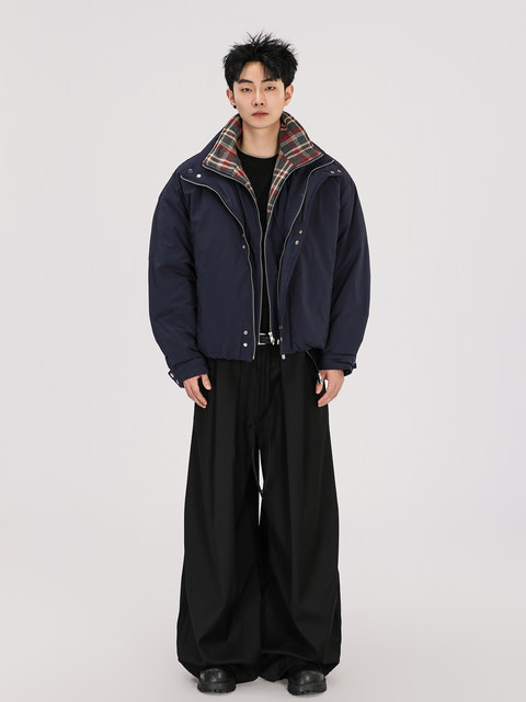 A Carton Winter Plaid Patchwork 90 White Duck down Jacket for Men and Women with a Stylish Design, Faux Two-Piece Cotton Coat, Trendy