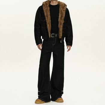 A Carton American Retro Black Straight-Leg Jeans for Men and Women with Airplane Buckle Design, Loose Fit, Raw Denim Long Pants, Trendy