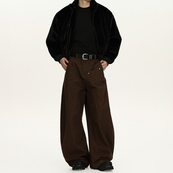 A Carton American-Style Washed Scimitar Cargo Pants for Men and Women, Vintage Loose Wide-Leg Pants, Casual Silhouette Straight-Leg Pants