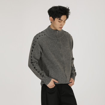 A Carton American Retro Mixed Knit Three-Dimensional Ribbed Cardigan Sweater for Men and Women with a Stylish Design and Zipper Closure