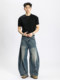 A Carton Vintage Washed Lightning Pattern Deconstructed Scimitar Jeans for Men with Three-Dimensional Tailoring Silhouette Banana Pants for Women