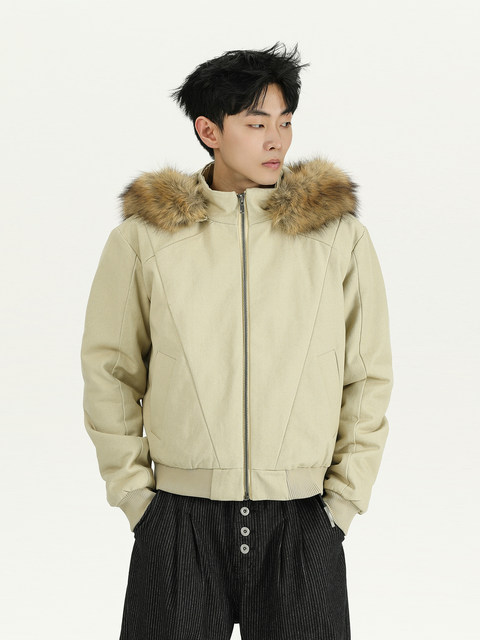 A Carton American-Style Workwear Warm Hooded down Jacket for Men and Women, High-End Casual Fur Collar Jacket, Trendy