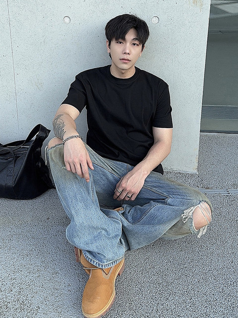 A Carton Jackson Wang's Same Style Short-Sleeve T-Shirt 300g Sorona Base Shirt Slim Fit Versatile Half-Sleeve Top for Men