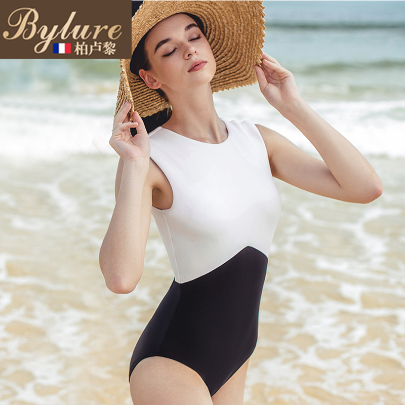 Bylure swimsuit women's light luxury brand black and white stitching conservative belly cover sports beautiful back beach triangle one-piece swimsuit